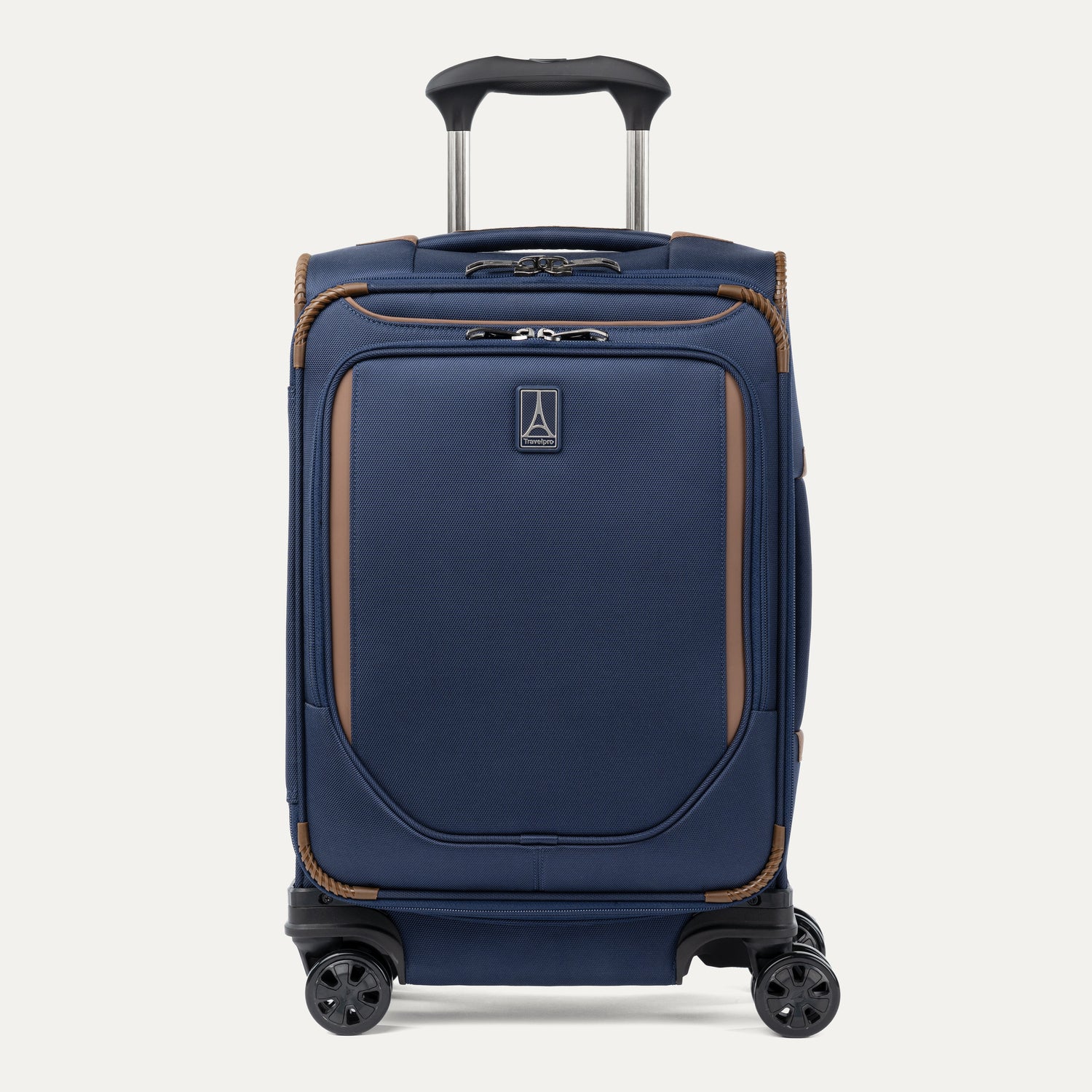 Front view of Travelpro Crew Classic compact Carry-On Spinner in Patriot Blue, featuring PowerScope Lite Handle and reinforced corners.