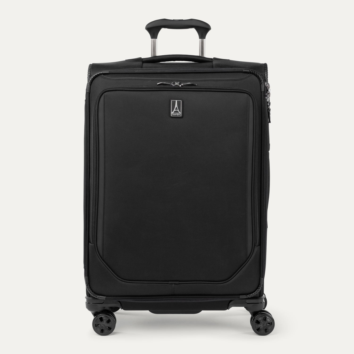 Front view of Travelpro Crew Classic Medium Check-In Expandable Spinner in Black, with 360° Spinner Wheels