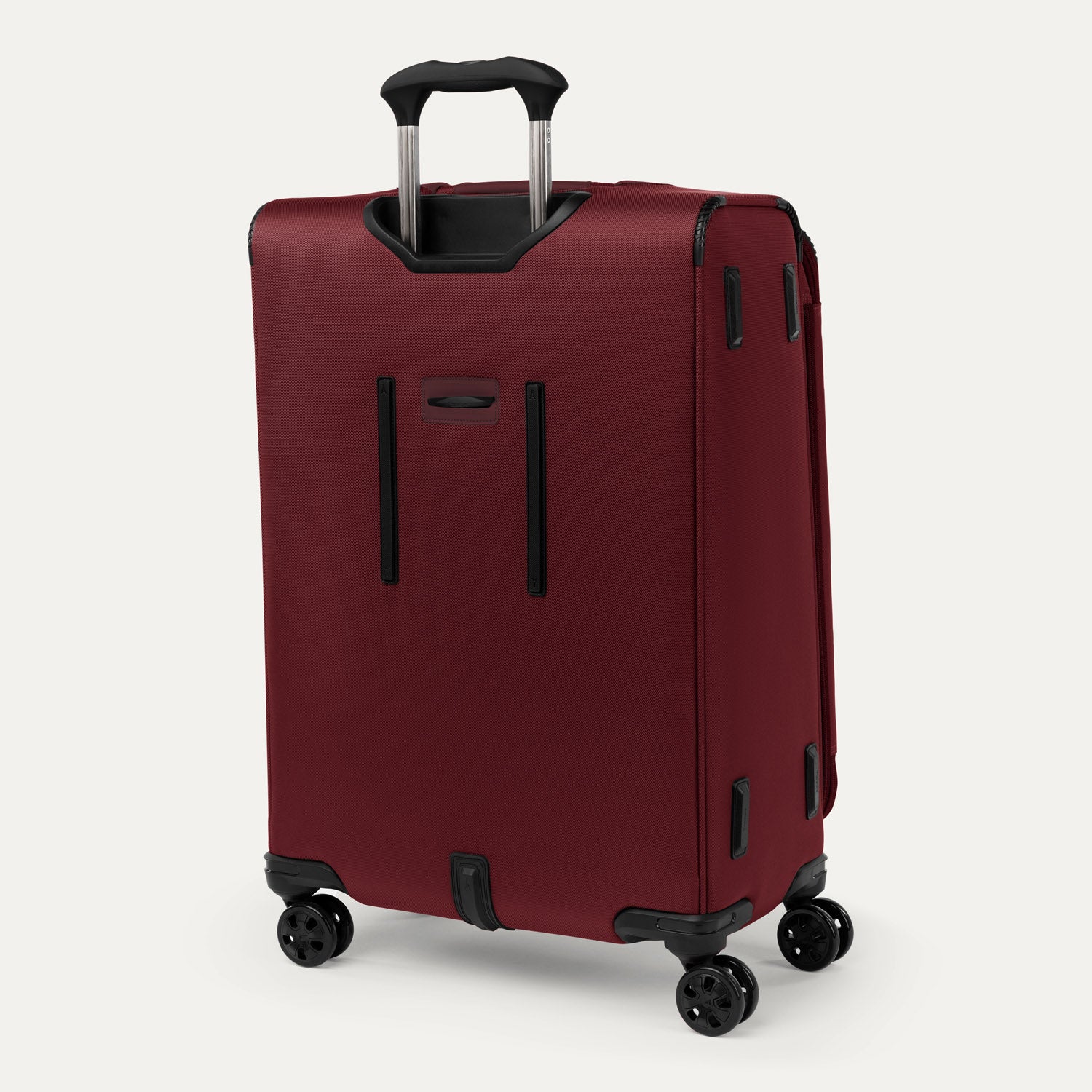 Rear view of the Crew™ Classic Spinner in Rosewood Red, featuring a telescoping handle and spinner wheels.