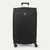 Front view of Travelpro Crew Classic Large Check-In Expandable Spinner in Black, with 360° Spinner Wheels, corner reinforcements, and low-profile top carry handle.