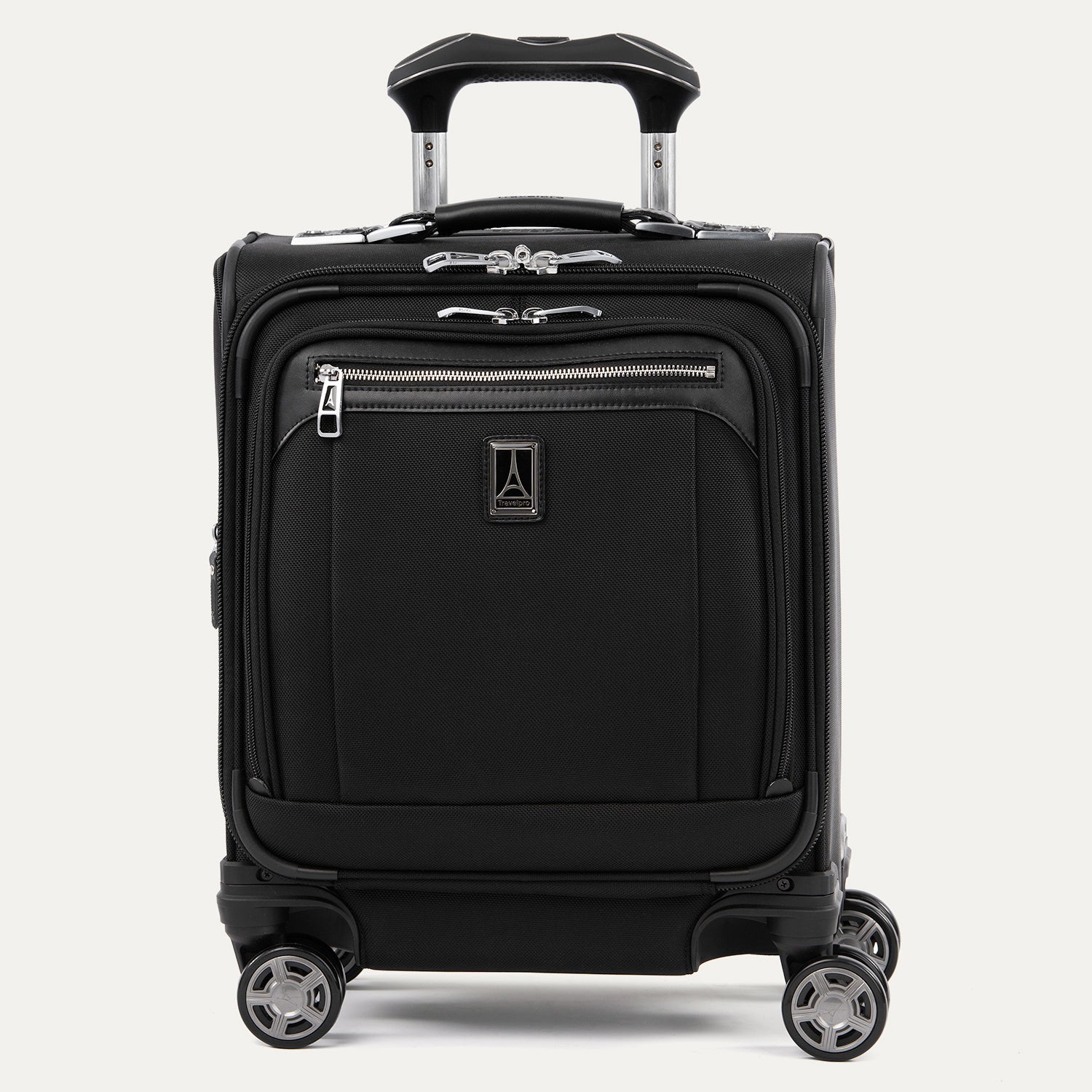A black Platinum Elite carry-on spinner tote with black wheels and a telescopic handle, featuring premium fabrics and leather trim.