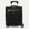 A black Platinum Elite carry-on spinner tote with black wheels and a telescopic handle, featuring premium fabrics and leather trim.