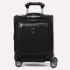 A black Platinum Elite carry-on spinner tote with black wheels and a telescopic handle, featuring premium fabrics and leather trim.