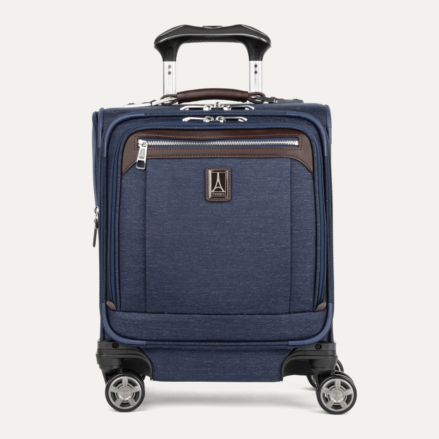 Front view of Travelpro Platinum Elite Carry-On Tote Spinner in True Navy, featuring PowerScope Extension Handle and Exterior Quick-Access Pockets.