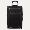 A black, expandable carry-on rollaboard suitcase with a suiter compartment, two wheels, chrome zippers, and leather accents.