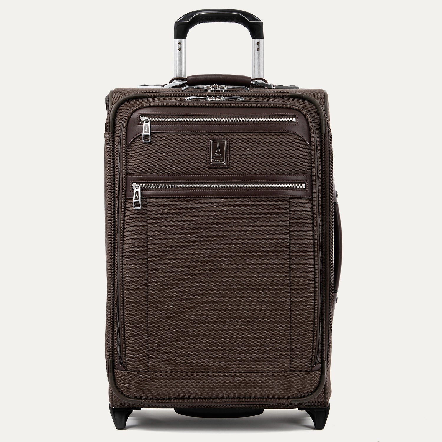 Front view of Travelpro Platinum Elite Carry-On Rollaboard in Rich Espresso, showing dual zippered front pockets, leather trim, side carry handle, and telescoping handle.