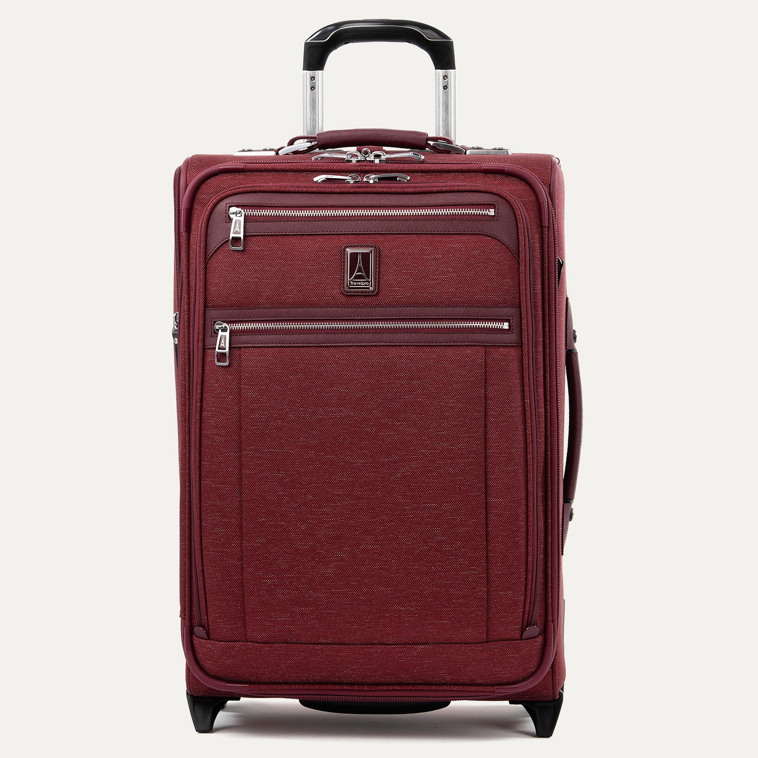 A Bordeaux Platinum Elite Carry-On Rollaboard suitcase with telescopic handle, top and side carry options, and 2 wheels.