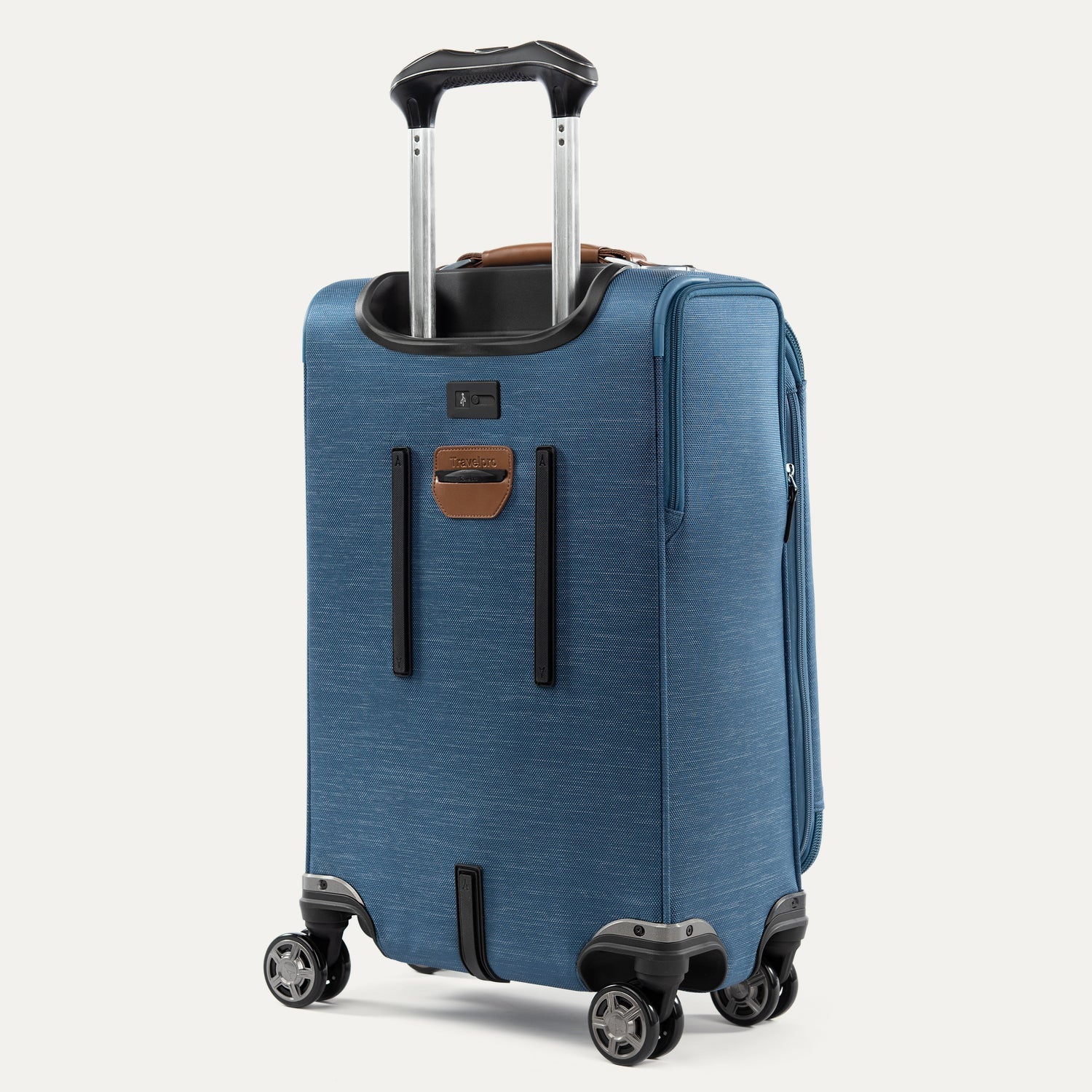 Blue suitcase with wheels and handle on a white background