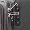 Close-up of a suitcase's lock and zipper mechanism.