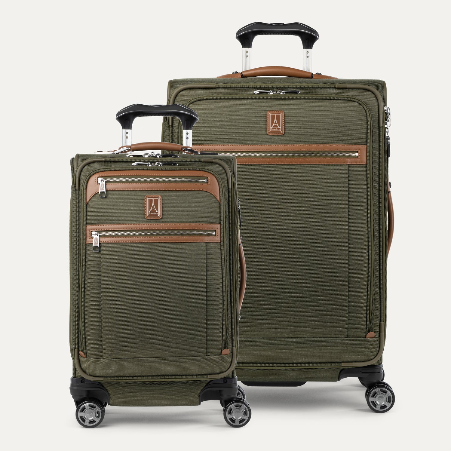 A set of two olive green Platinum Elite spinner suitcases, one carry-on and one medium check-in size, with leather accents and chrome zippers.