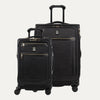 A set of two black Platinum Elite spinners, one carry-on and one medium check-in size, with chrome zippers and a leather accent on the front pocket.