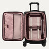 Open suitcase with pink interior and black exterior on a white background