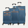 A set of three blue Platinum Elite spinner luggage bags, including a carry-on size and two larger sizes on a white background