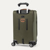 Green suitcase with black handle and wheels on a white background