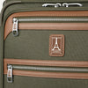 Close-up of a green suitcase with zippers and travelpro logo.