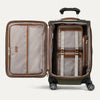 Open suitcase with organized interior compartments on a white background