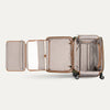 Open suitcase with organized compartments on a white background