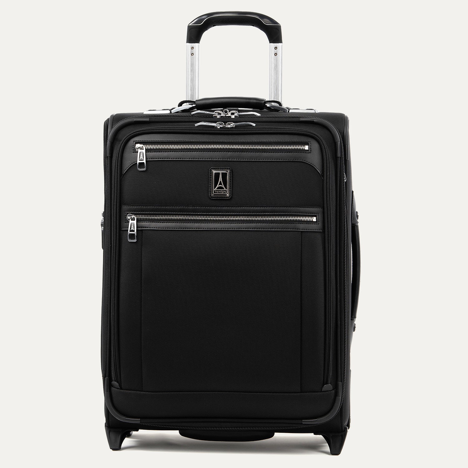 Front view of Travelpro Platinum Elite International Carry-On Rollaboard in Shadow Black, with PowerScope Extension Handle and Exterior Quick-Access Pockets.