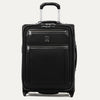 Front view of Travelpro Platinum Elite International Carry-On Rollaboard in Shadow Black, with PowerScope Extension Handle and Exterior Quick-Access Pockets.