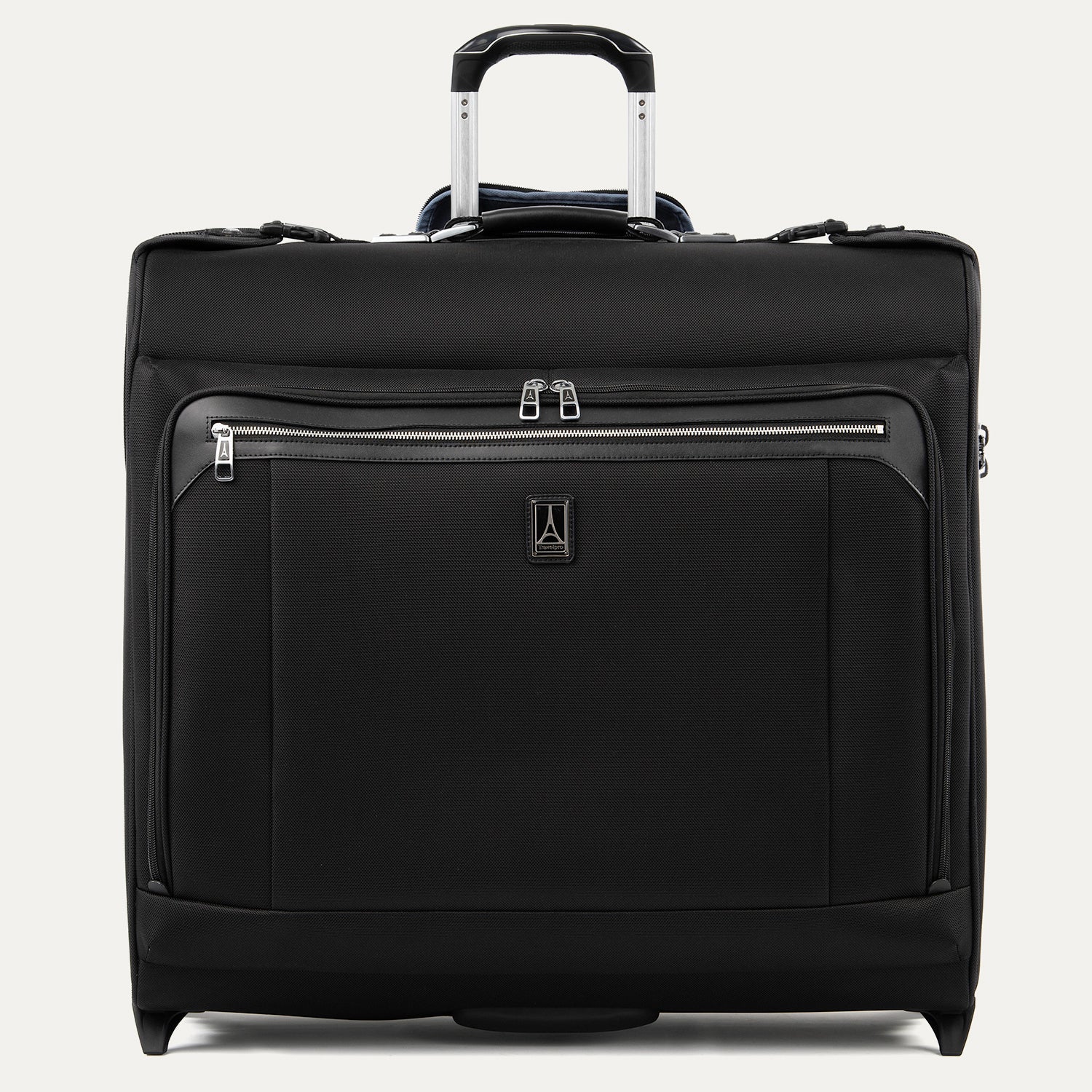 A black Platinum Elite 50-inch check-in rolling garment bag with a front pocket, telescopic handle, and wheels.
