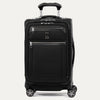 Front view of Travelpro Platinum Elite Carry-On Spinner in Shadow Black, with dual front zippered pockets, textured fabric, spinner wheels, and telescoping handle.