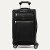 Front view of Travelpro Platinum Elite Carry-On Spinner in Shadow Black, with dual front zippered pockets, textured fabric, spinner wheels, and telescoping handle.