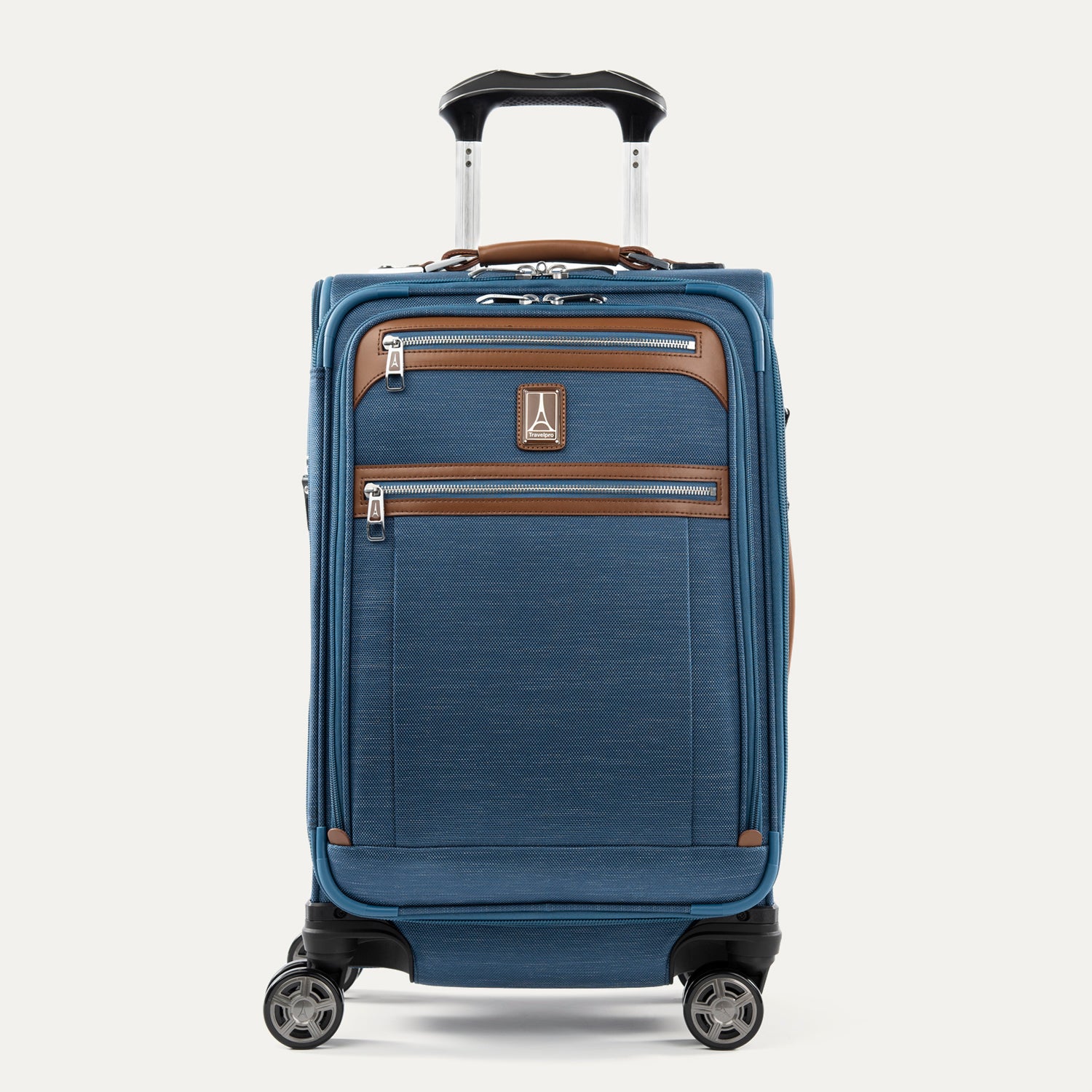 Front view of Travelpro Platinum Elite Carry-On Spinner in Coastal Blue, with dual front zippered pockets, leather trim, spinner wheels, and telescoping handle.
