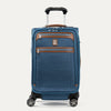 Front view of Travelpro Platinum Elite Carry-On Spinner in Coastal Blue, with dual front zippered pockets, leather trim, spinner wheels, and telescoping handle.