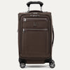Front view of Travelpro Platinum Elite Carry-On Spinner in Rich Espresso, with dual front zippered pockets, spinner wheels, and telescoping handle.