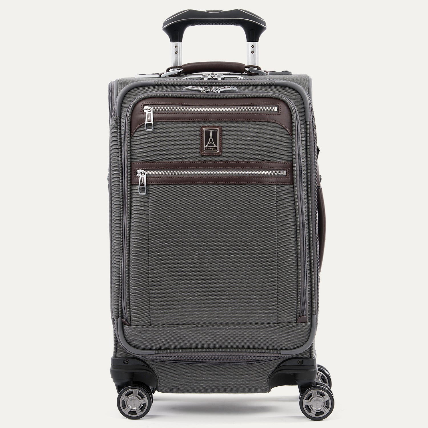 Front view of Travelpro Platinum Elite Carry-On Spinner in Vintage Gray, with contrast trim, dual zippered pockets, spinner wheels, and telescoping handle.