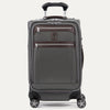 Front view of Travelpro Platinum Elite Carry-On Spinner in Vintage Gray, with contrast trim, dual zippered pockets, spinner wheels, and telescoping handle.