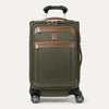 Front view of Travelpro Platinum Elite Carry-On Spinner in Olive Green, with dual front zippered pockets, contrast trim, spinner wheels, and telescoping handle.