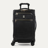 Front view of Travelpro Platinum Elite Carry-On Spinner in Intrigue Black, with two front zippered compartments and a telescoping PowerScope Extension Handle.