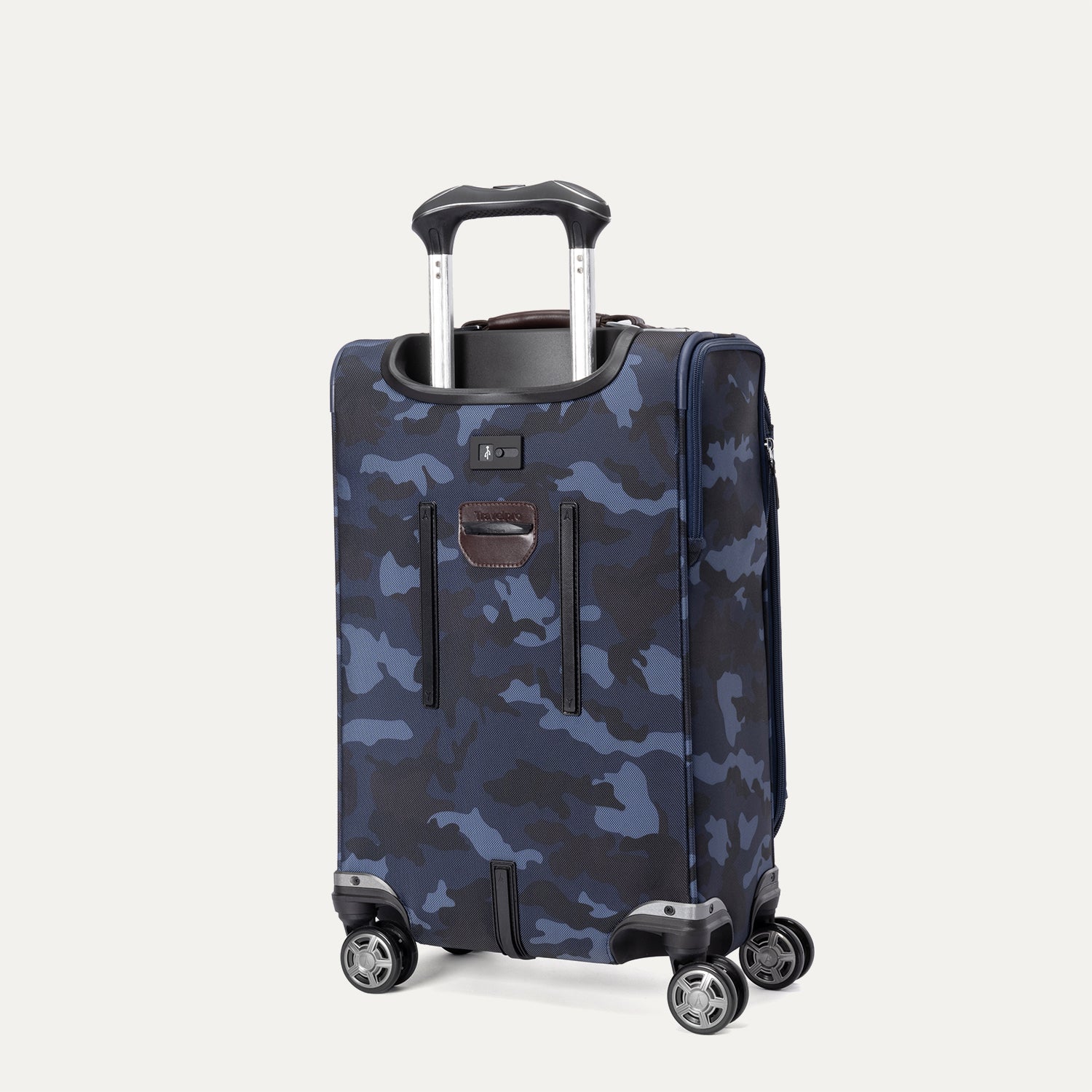 Spinner in Camouflage, featuring an extended Powerscope handle, integrated USB port, leather-accented top handle, and smooth-rolling spinner wheels.