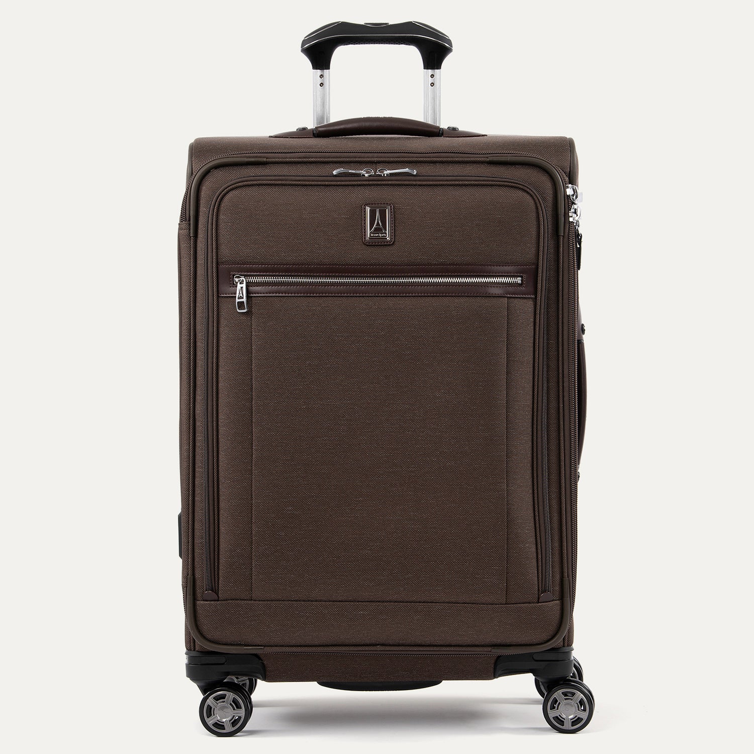 Front view of Travelpro Platinum Elite Medium Check-In Expandable Spinner in Rich Espresso, featuring 360° Spinner Wheels.
