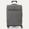 Front-facing Travelpro Platinum Elite Medium Expandable Spinner in Vintage Gray, with leather trim and spinner wheels.