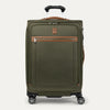 Front-facing Travelpro Platinum Elite Medium Expandable Spinner in Olive Green, with leather trim and spinner wheels.