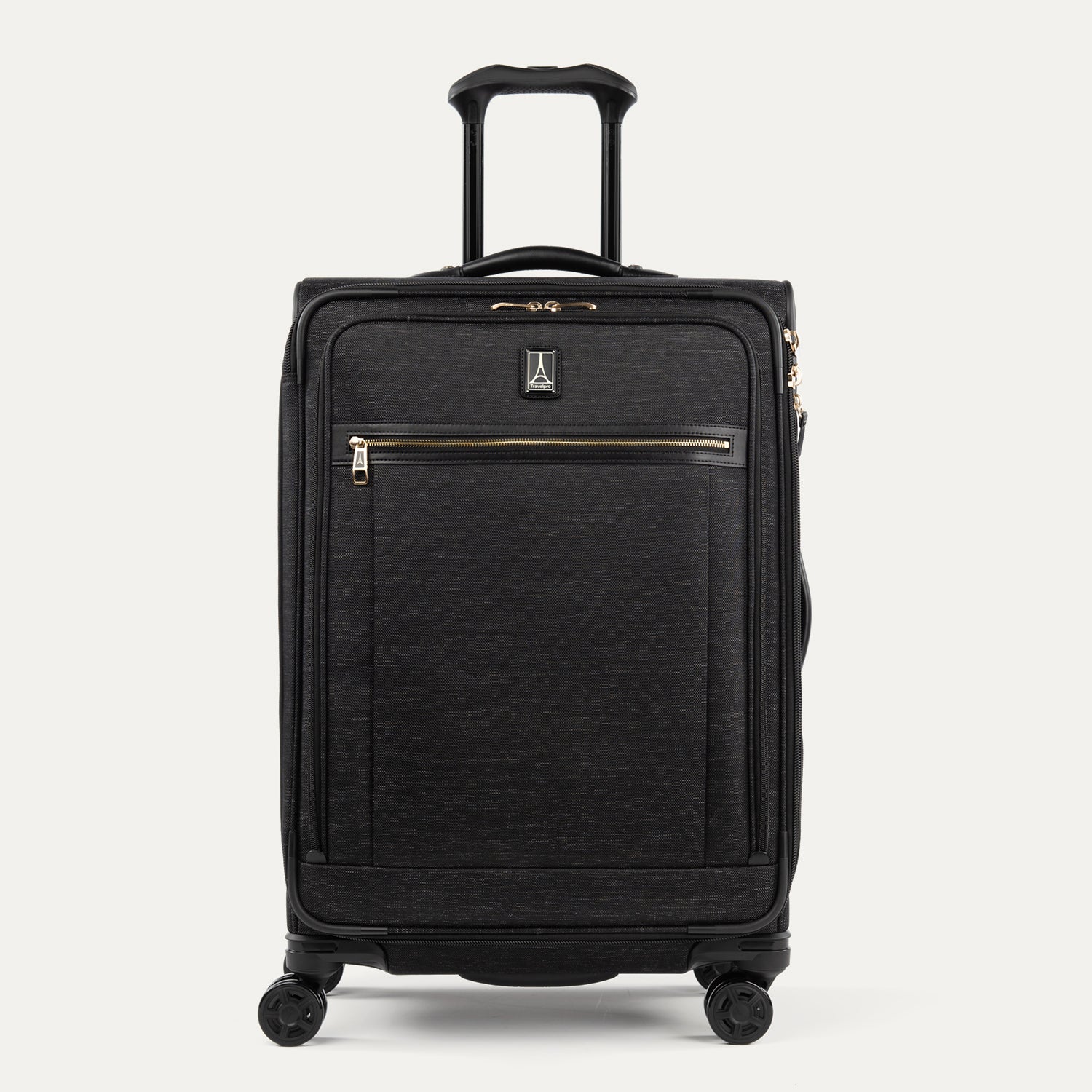Front view of Travelpro Platinum Elite Carry-On Expandable Spinner in Intrigue Black, featuring 360° Spinner Wheels.