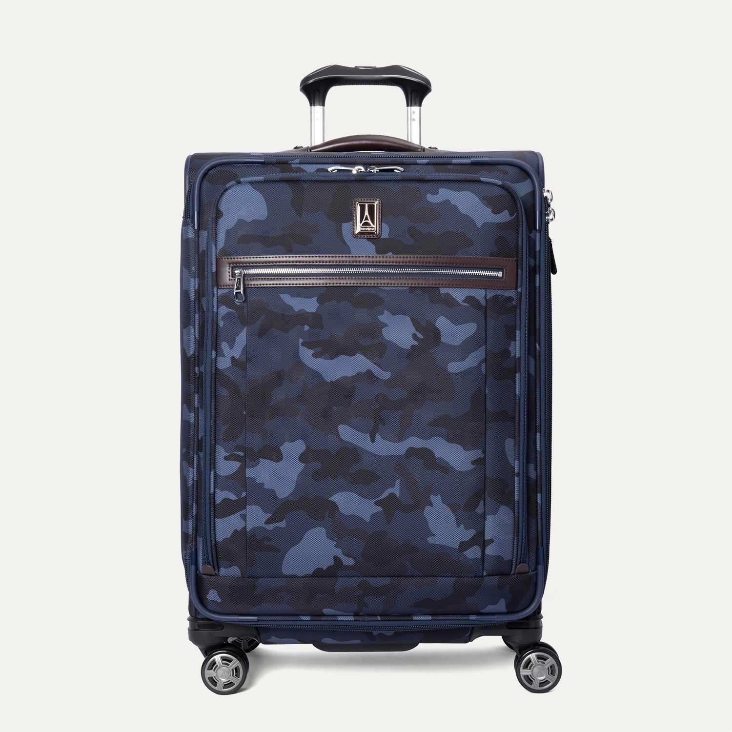 A medium-sized check-in spinner luggage with a camouflage pattern. It has a telescopic handle, spinner wheels, and a built-in TSA lock.