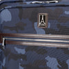 Travelpro logo and front zippered pocket with leather trim on Platinum® Elite Medium Check-In Spinner in Camouflage.