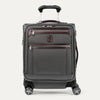 Front view of Travelpro® Platinum Elite International Carry-On Expandable Spinner in Vintage Grey, with dual exterior zip pockets and leather trim.