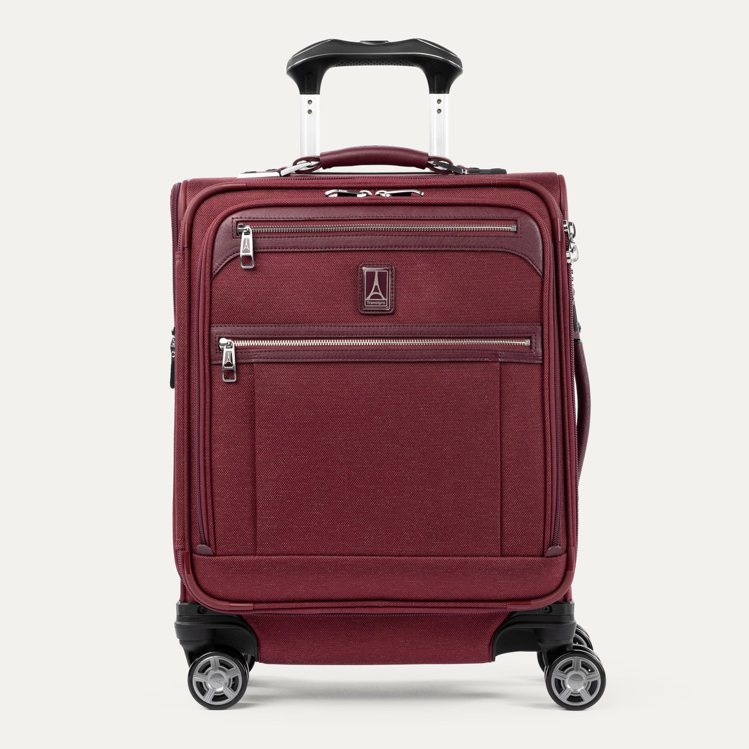 Front view of Travelpro® Platinum Elite International Carry-On Expandable Spinner in Bordeaux, with dual exterior zip pockets and matching trim.