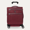 Front view of Travelpro® Platinum Elite International Carry-On Expandable Spinner in Bordeaux, with dual exterior zip pockets and matching trim.