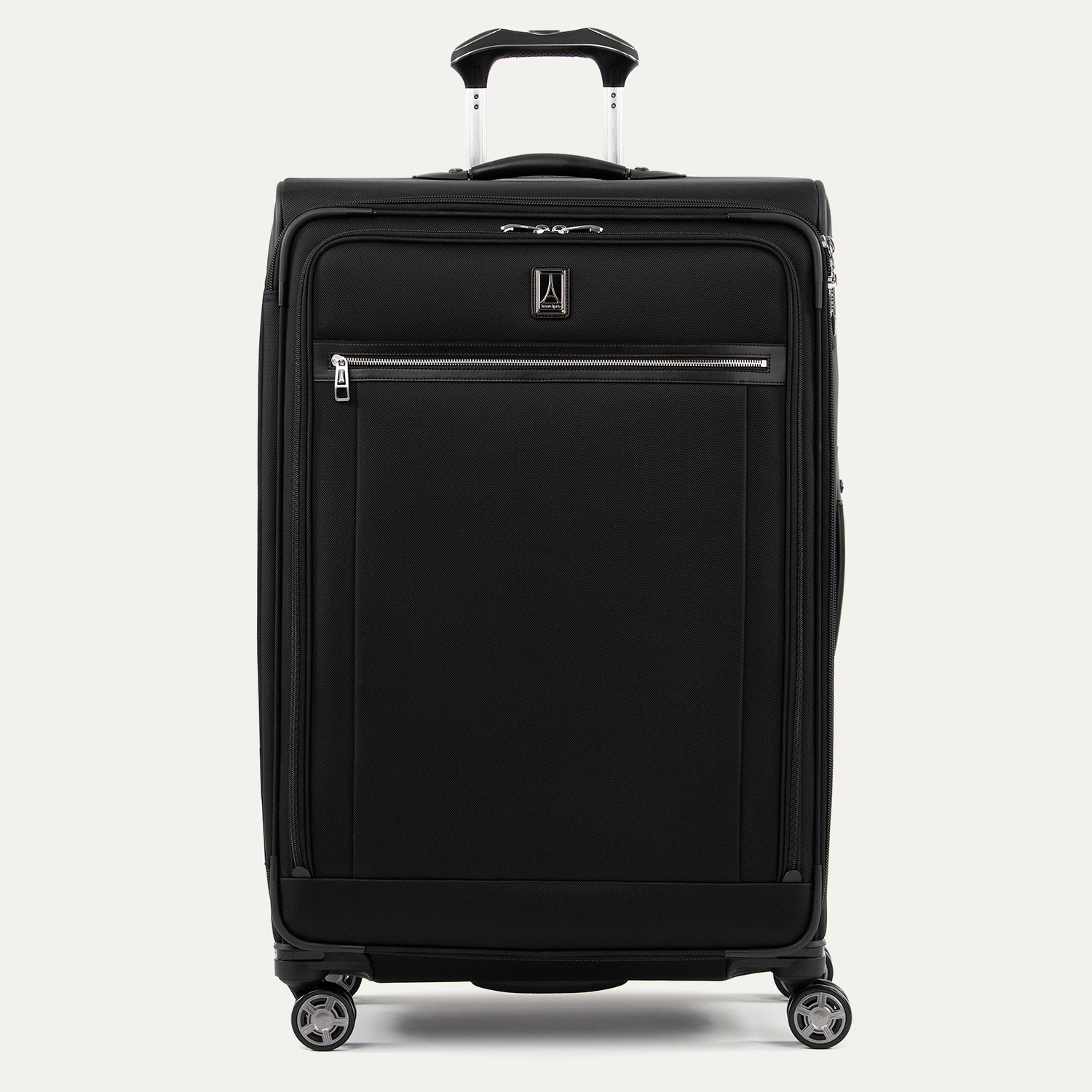 Front-facing Travelpro Platinum Elite Large Expandable Spinner in Shadow Black, with streamlined front zipper pocket.