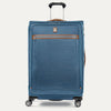 Front-facing Travelpro Platinum Elite Large Expandable Spinner in Coastal Blue, with leather-trimmed exterior zipper pocket.
