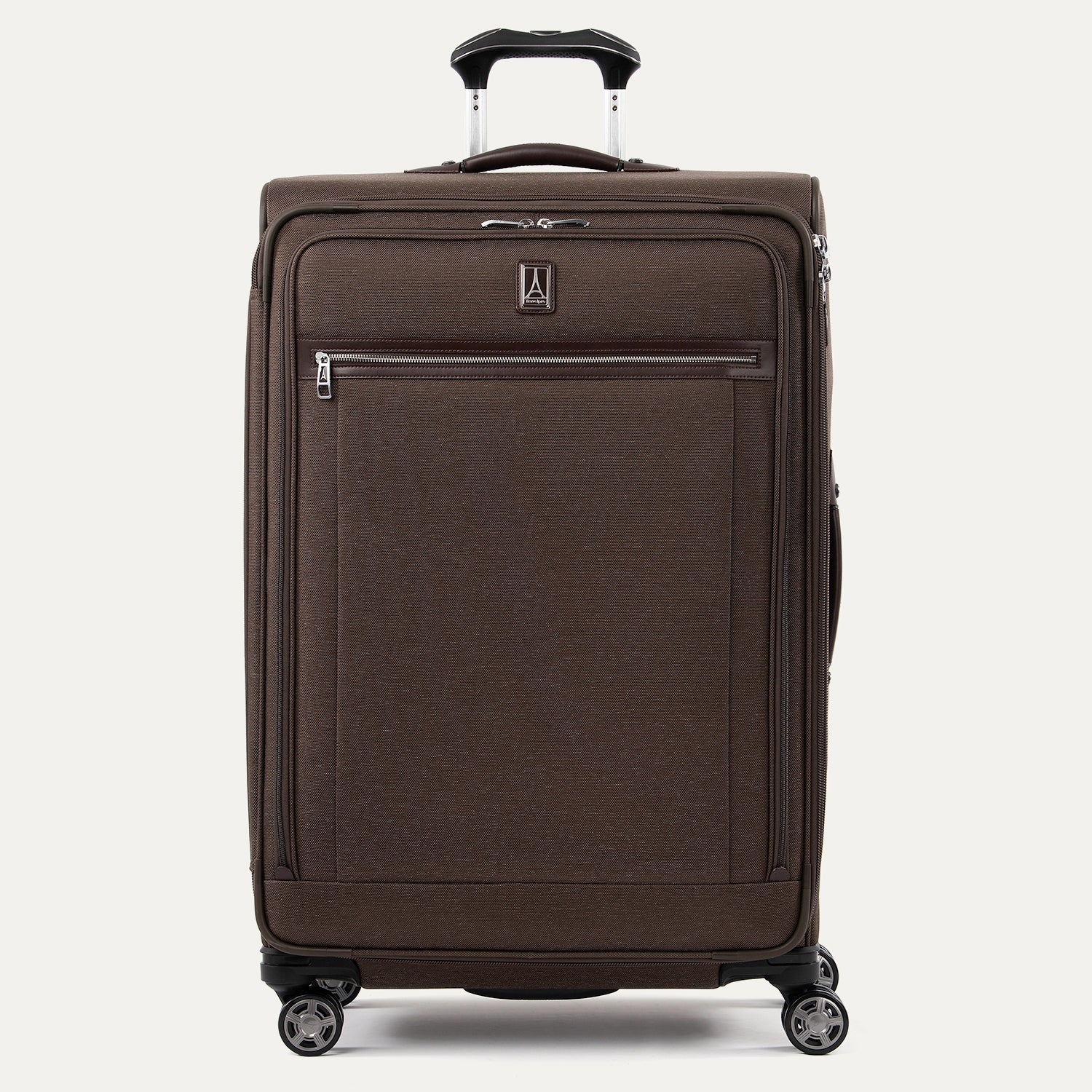Front view of Travelpro Platinum Elite Large Check-In Expandable Spinner in Rich Espresso, with matching top handle and front zip pocket.