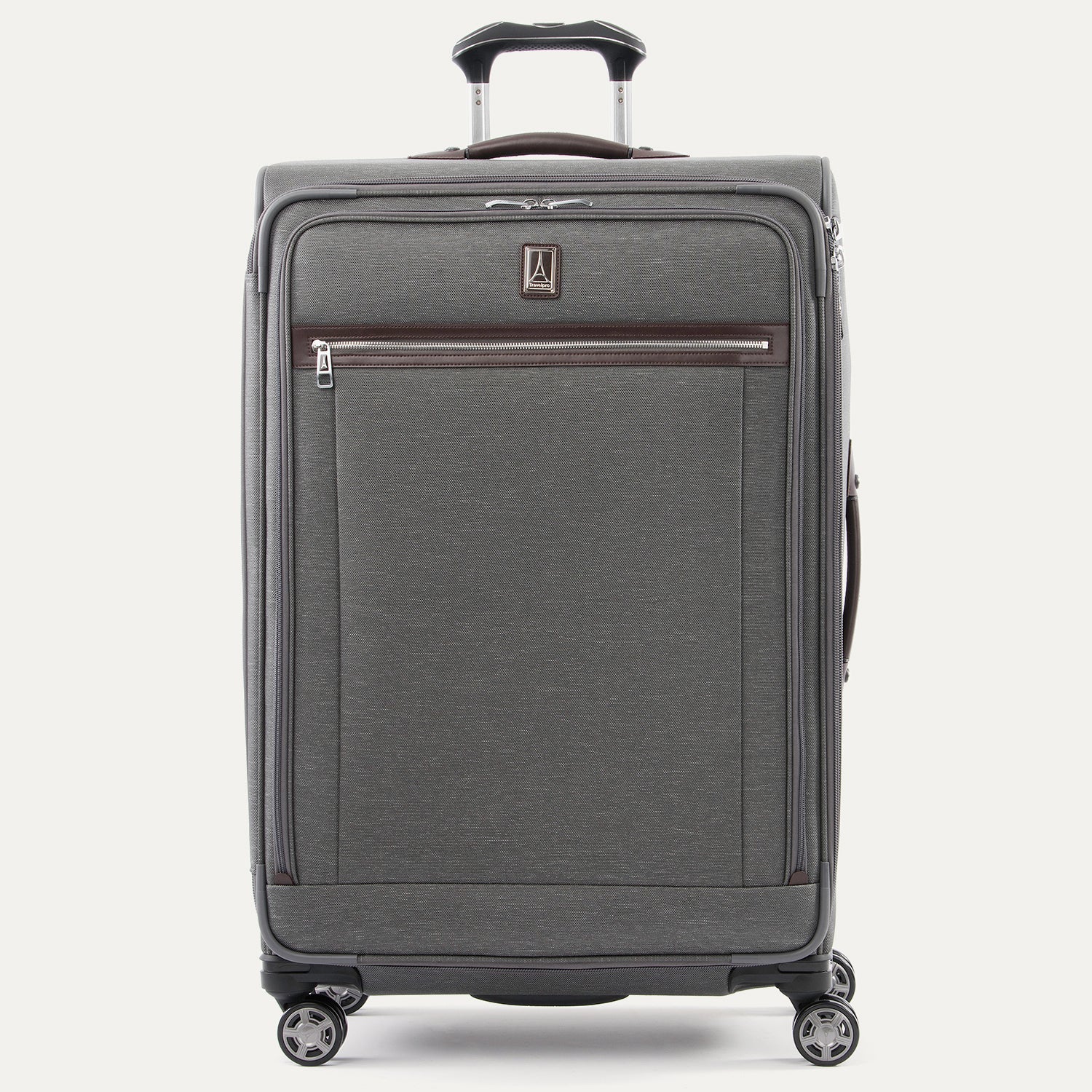Front view of Travelpro Platinum Elite Large Check-In Expandable Spinner in Vintage Grey, with brown leather top handle and front zip pocket.