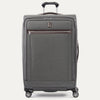 Front view of Travelpro Platinum Elite Large Check-In Expandable Spinner in Vintage Grey, with brown leather top handle and front zip pocket.