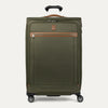 Front view of Travelpro Platinum Elite Large Check-In Expandable Spinner in Olive Green, with full-panel zip pocket and brown leather accents.