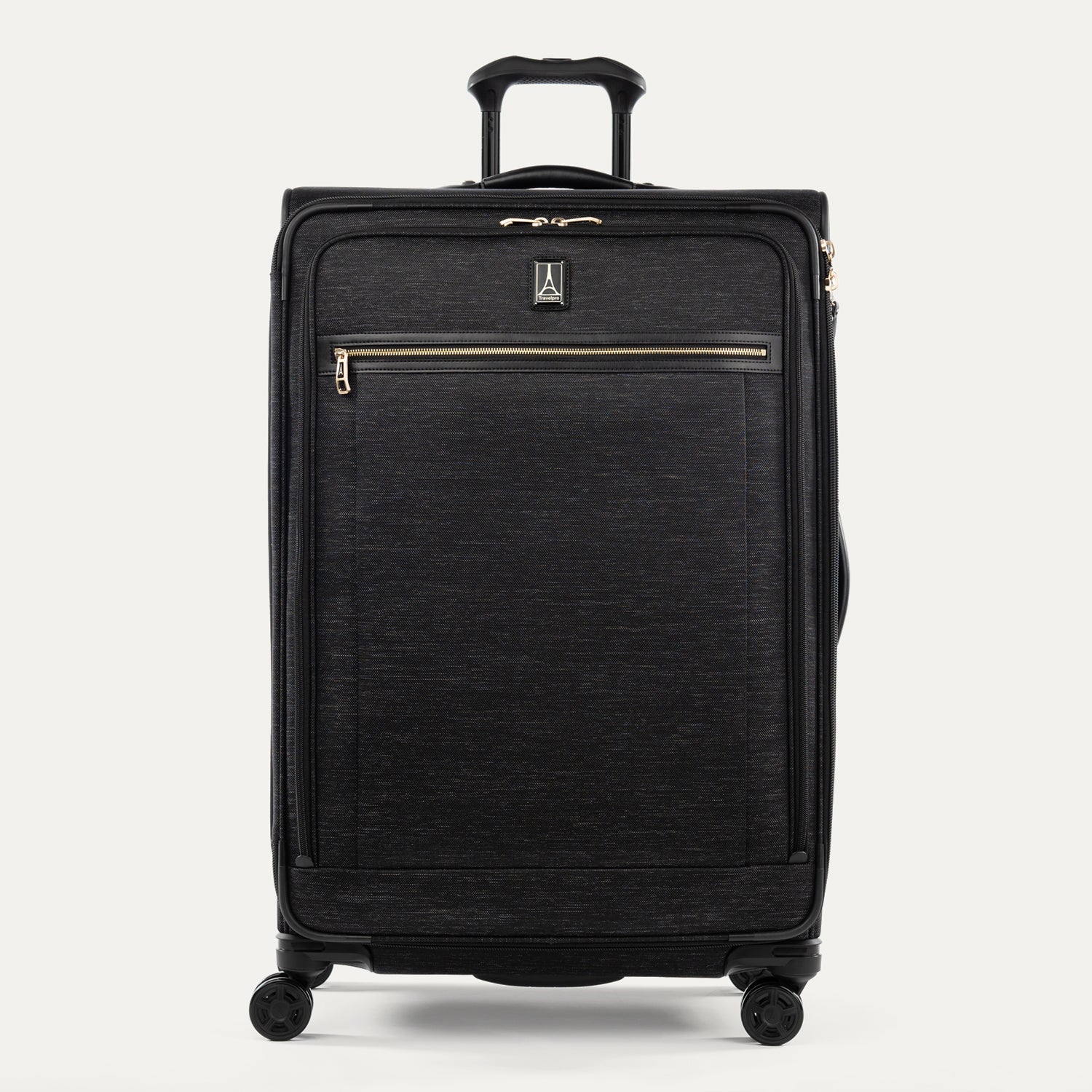 Front-facing Travelpro Platinum Elite Large Expandable Spinner in Intrigue Black, with matte black trim and spinner wheels.